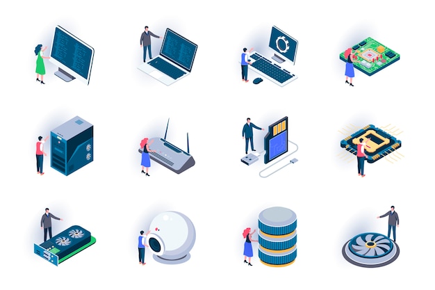 Premium Vector Computer Elements Isometric Icons Set Digital Electronics Components And Computer Parts Flat Illustration Hardware Equipment For System Unit 3d Isometry Pictograms With People Characters