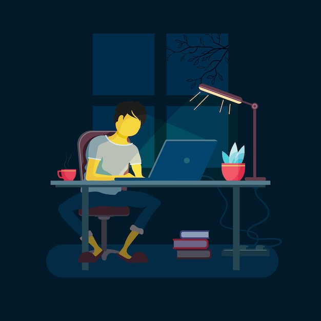 Premium Vector | At the computer, the guy works at night, it is lit by ...