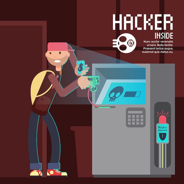 Computer safety and computer crime vector concept with cartoon hacker character Premium Vector