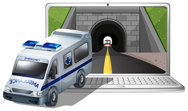 Computer screen with ambulance and tunnel Free Vector