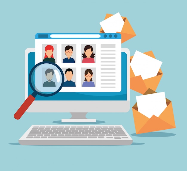 Computer website technology with messages and magnifying glass Free Vector