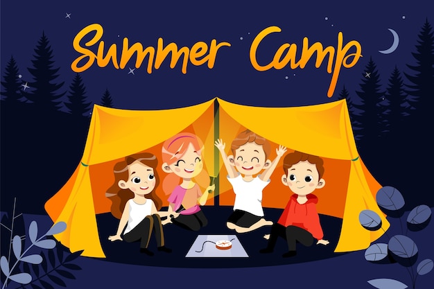 Premium Vector | Concept of children summer camp. happy children during ...