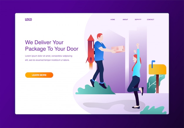 Concept of delivery service, happy woman waiting for his parcel from rocket man Premium Vector