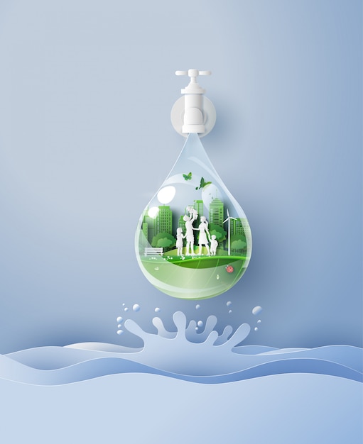 Concept of eco and wolrd water day with family Premium Vector