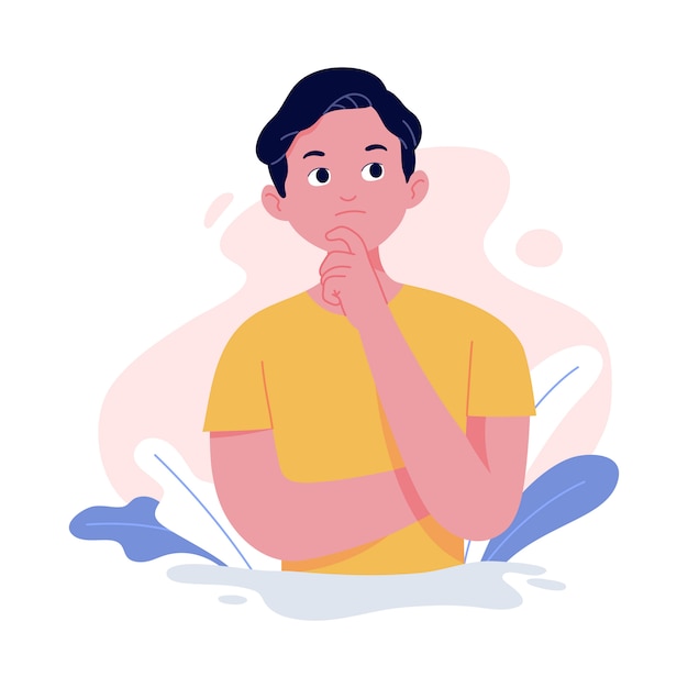 Concept illustration of a young man with a thinking pose by placing a finger on the chin Premium Vector