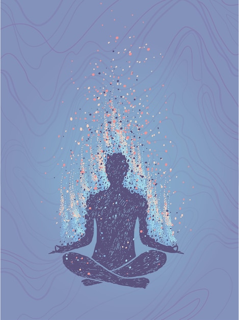 瞑想 悟りの概念 蓮のポーズで座っている人間 垂直の手描きのカラフルなイラスト プレミアムベクター