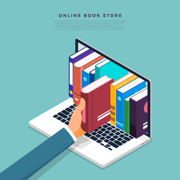 Concept online books store. hand pick book from internet device.  illustrate. Premium Vector