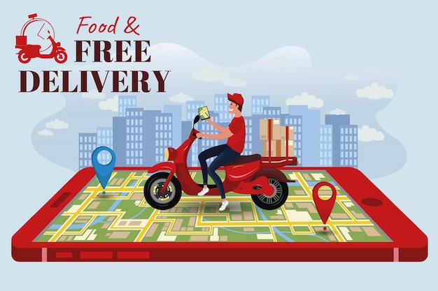 Concept online delivery service, tracking online bike landing page. Premium Vector