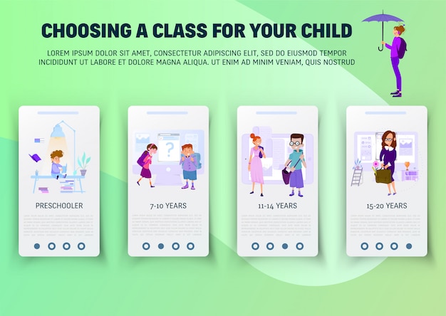 Concept of schoolwork for website onboard screen set Premium Vector