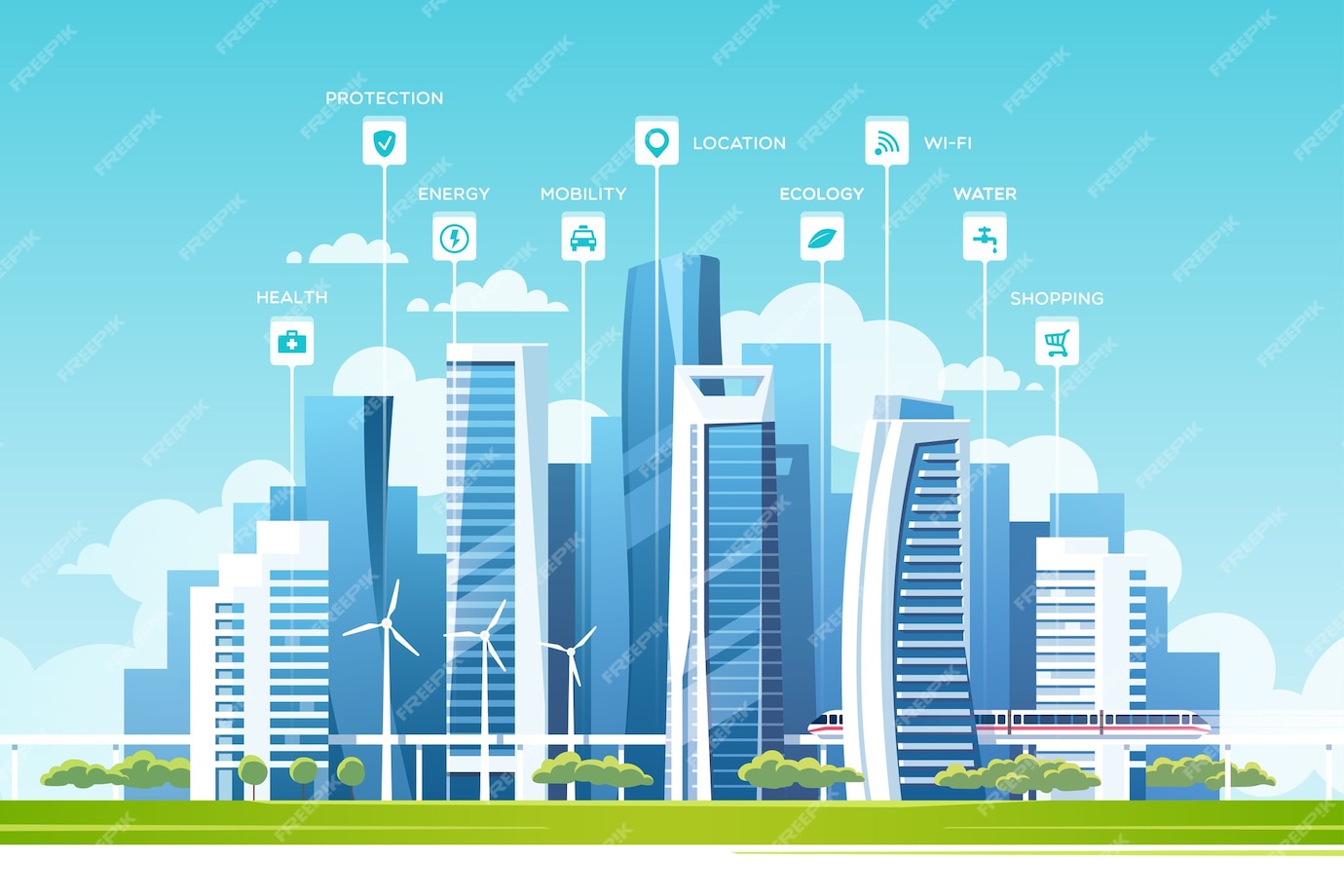 Premium Vector | Concept of smart city with different icons and ...