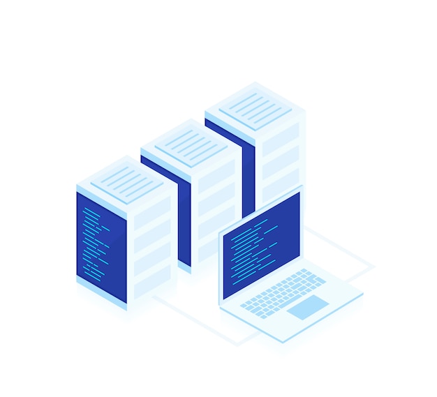 Concept of web hosting .vector isometric map with business networking servers and laptop.cloud storage data and synchronization of devices. modern ilustration Premium Vector