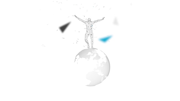 Conceptual abstract man with world globe. connected lines, dots, triangles, particles. artificial intelligence concept. high technology vector Premium Vector