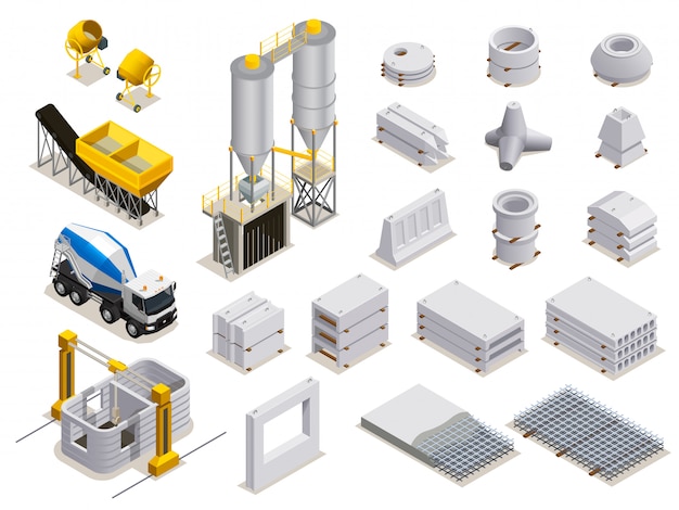 Concrete production set of isometric icons with manufacturing equipment transport and finished stone details isolated Free Vector