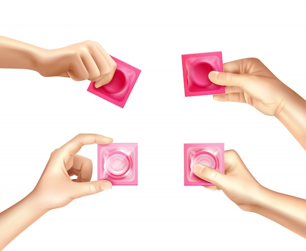 Condom in hand realistic set Free Vector