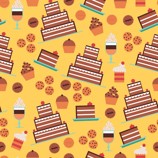 Confectionery and cakes seamless pattern with\
desserts and cookies on yellow background