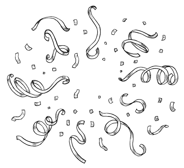 색종이 그리기. 폭발하는 색종이와 리본 그리기. 조각 잉크 라인 아트. 파티 장식 선형 아이콘입니다. 프레임, 인사말 카드