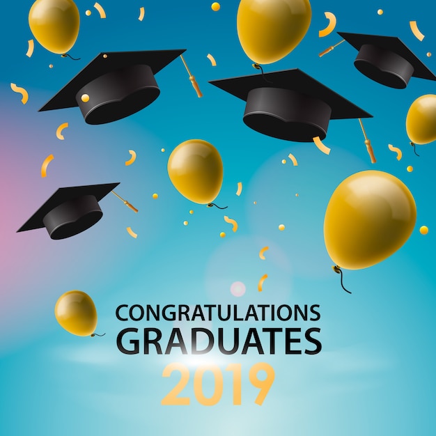 Congratulations graduates, caps, balloons and confetti on a blue sky background. caps thrown up. inv