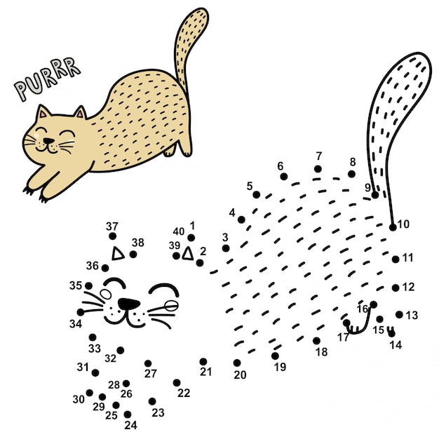 Connect the dots and draw a cute purring cat. numbers game for children ...