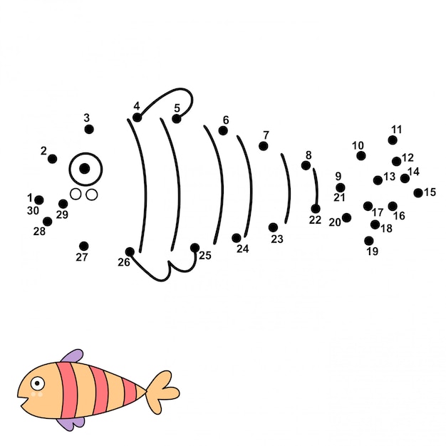 ドットをつなげてかわいい魚を描きます 子供のための数字ゲーム 図 プレミアムベクター