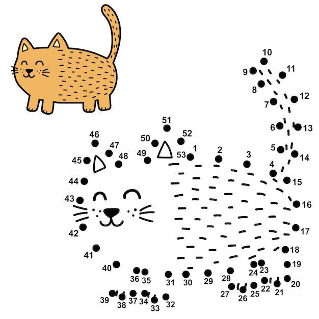 ドットを接続して 面白い太った猫を描きます 子供向けの数字ゲーム プレミアムベクター