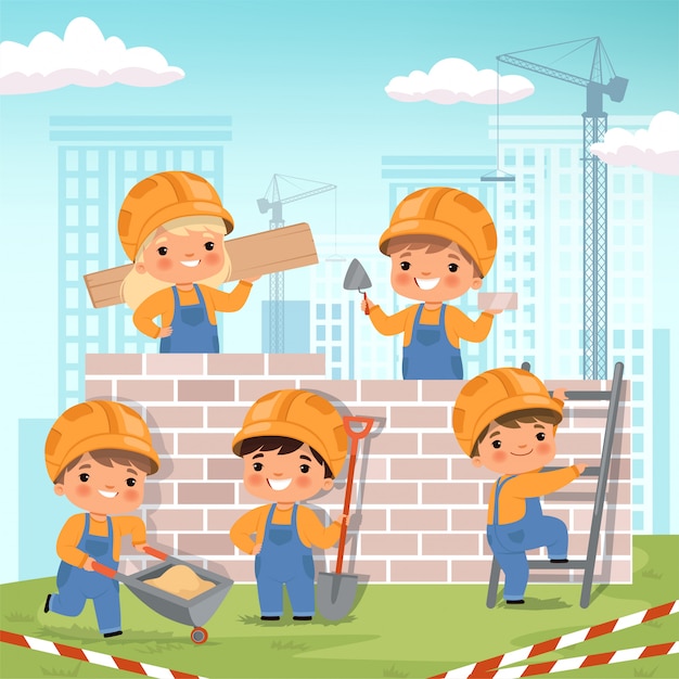 Construction background. little kids making some work at construction