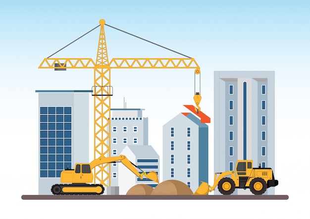 Premium Vector Under Construction Building Work Process With Construction Machines