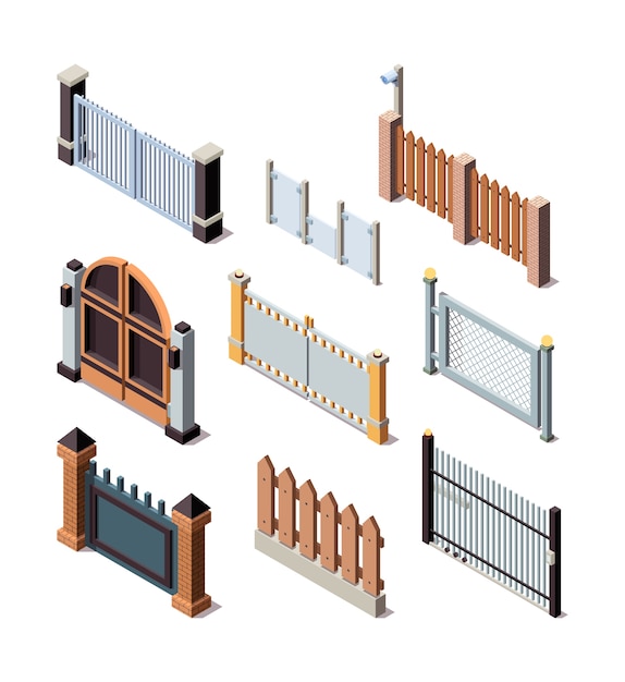 Premium Vector Construction Fences Garden Door Gate Metals Or Wooden Panels Railing Fences Vector Isometric Illustration Barrier And Border For Protection Fence