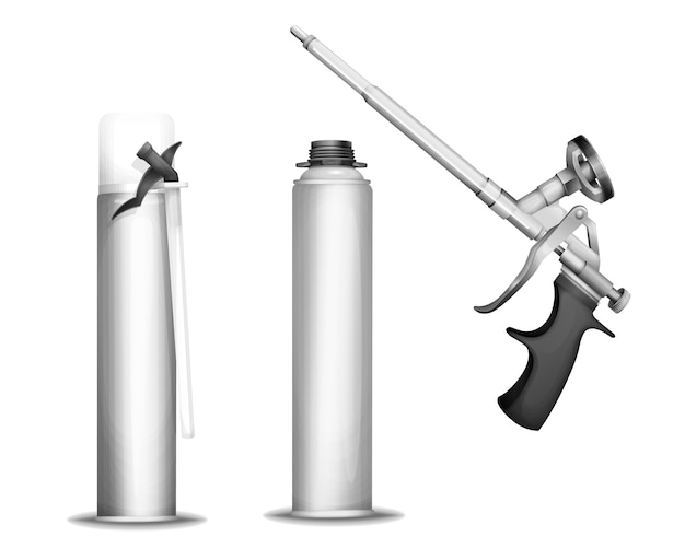 Construction foam bottle of 3d pu foam sprayer gun or pistol and metallic containers Free Vector