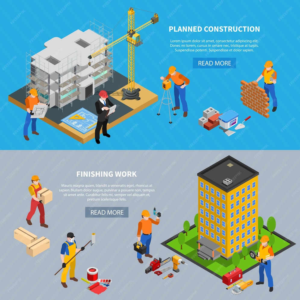 Free Vector | Construction isometric set of two horizontal banners with ...