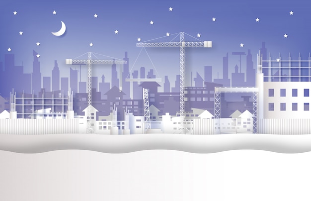Under construction site and cranes in the city Premium Vector