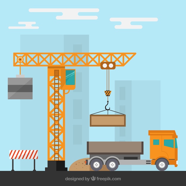 Construction site with a crane and a truck Vector | Free Download
