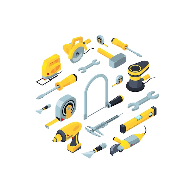 Download Construction tools isometric icons in circle shape Vector ...