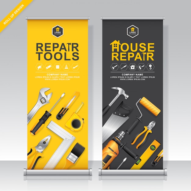 Construction tools roll up and standee design template Premium Vector