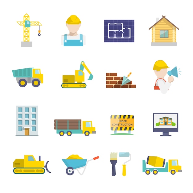 Construction vehicles facilities and building tools icons set isolated vector illustration Free Vector Construction vehicles facilities and building tools icons set isolated vector illustration Free Vector
