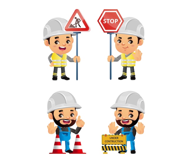 Premium Vector | Construction worker with different poses