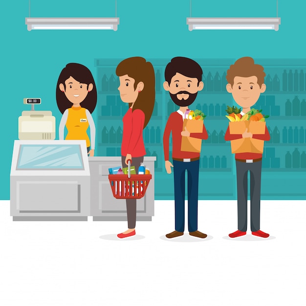 Consumers with supermarket basket of groceries Vector | Free Download