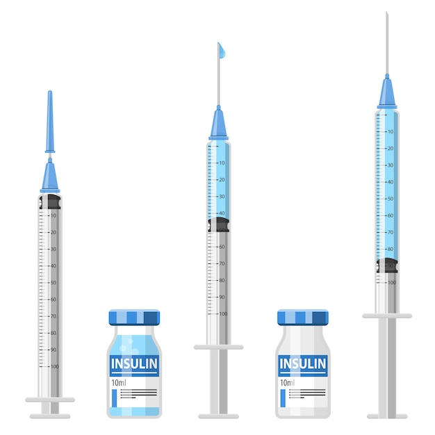 糖尿病の概念を管理します インスリン注射器とインスリンバイアル ワクチンと空の注射器 スタイルアイコン 予防接種 注射 糖尿病の概念 プレミアムベクター