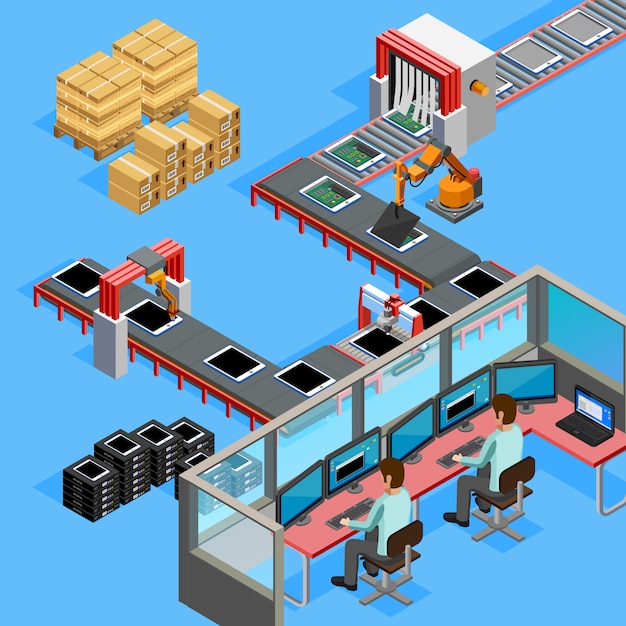 Premium Vector | Conveyor manufacturing line operators isometric