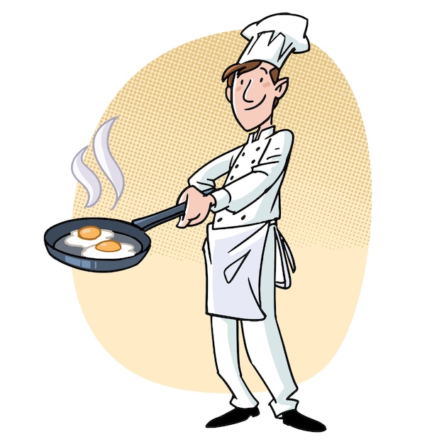 Cook with a pan with eggs Premium Vector