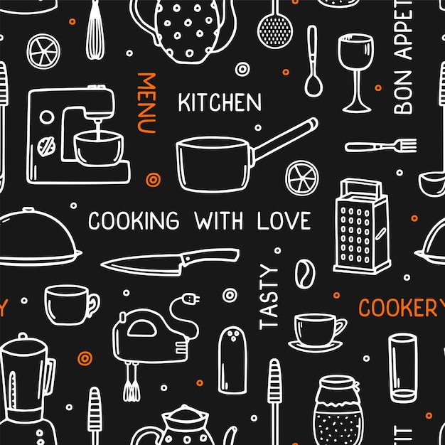 Cookery seamless pattern with kitchen utensil in doodle style. Premium Vector