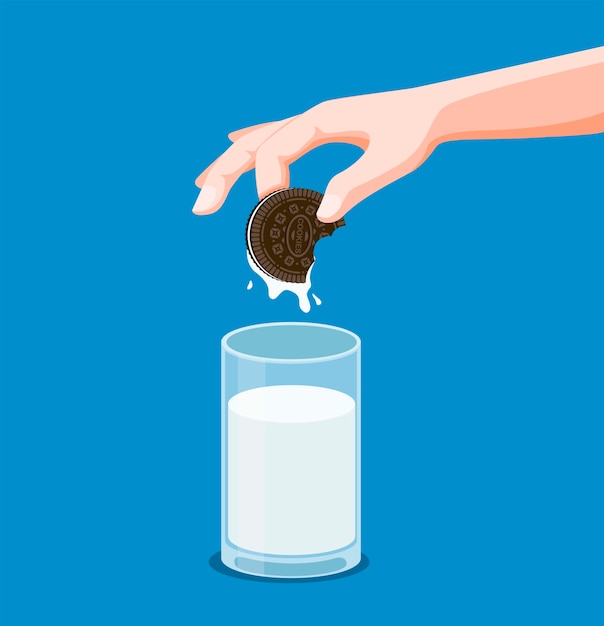 クッキーチョコレートサンドイッチミルク 青い背景の漫画フラットイラストで新鮮な牛乳にクッキーを浸す手 プレミアムベクター