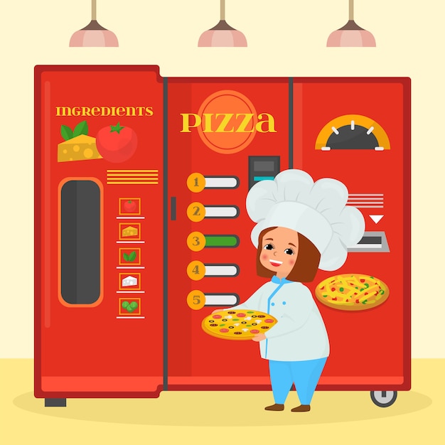 ピザのイラストが女の子のキッチンで料理を調理します 料理の食材と大きなバナーの近くの漫画クックキャラクター プレミアムベクター
