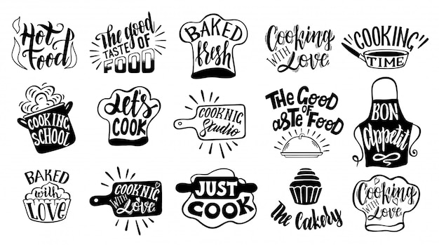Premium Vector Cooking Related Typography Set Quotes About Kitchen Cooking Wordings Restaurant Menu Food Label Set Cooking Kitchen Cuisine Icon Or Logo Lettering Calligraphy Illustration