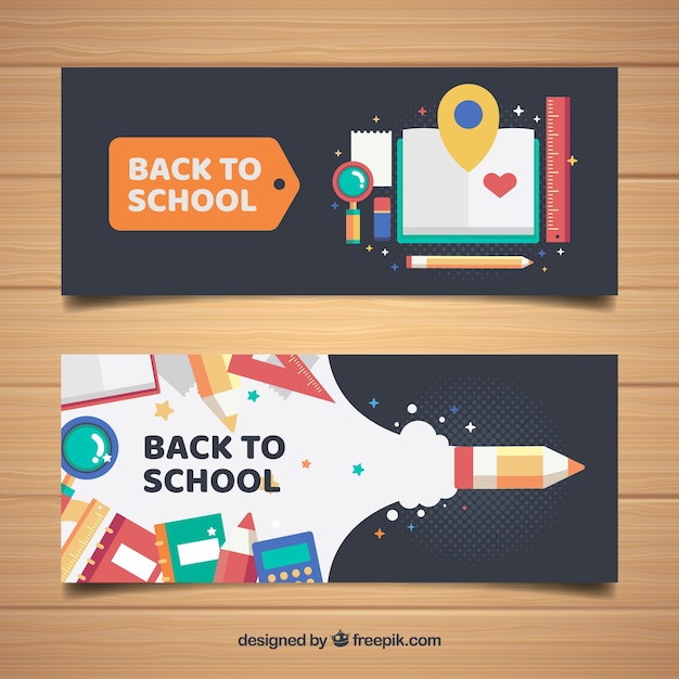 Free Vector Cool Banners With School Materials In Flat Design