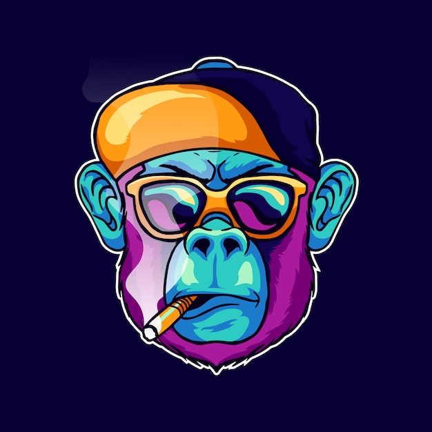 クールな顔の猿の煙のタバコはスタイリッシュなメガネを着用し 帽子の帽子のイラストのマスコットのロゴデザイン プレミアムベクター