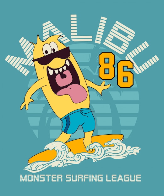 Cool monster surfing vector design Premium Vector