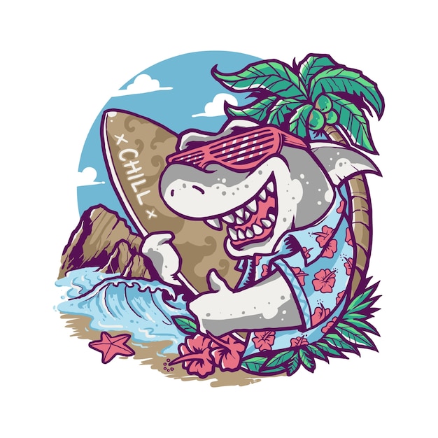 Premium Vector Cool Summer Shark Vacation Cartoon Illustration