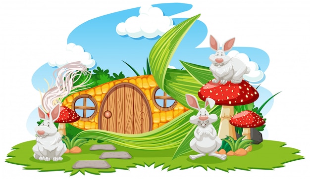 Download Free Corn House With Three Rabbit Cartoon Style On White Background Use our free logo maker to create a logo and build your brand. Put your logo on business cards, promotional products, or your website for brand visibility.