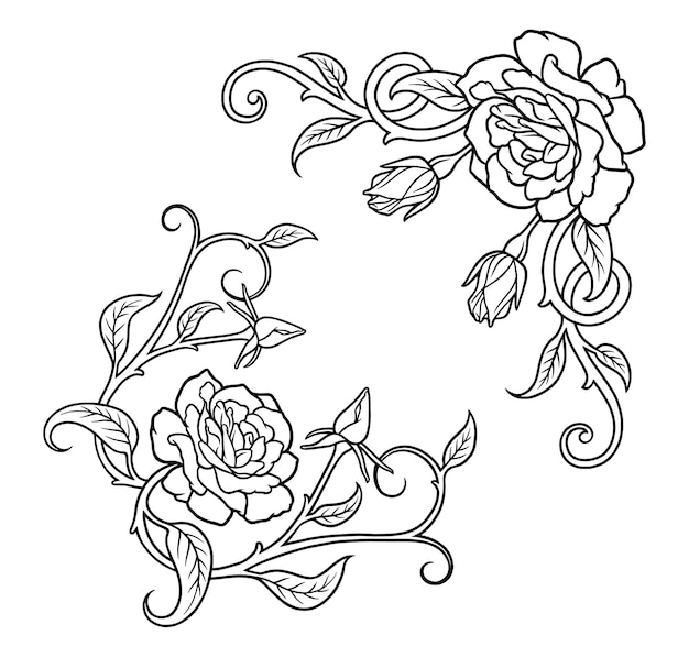 Premium Vector Corner Rose Floral Decoration Line Art Illustration