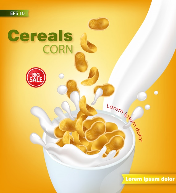 Download Cornflakes cereals with milk splash mockup | Premium Vector
